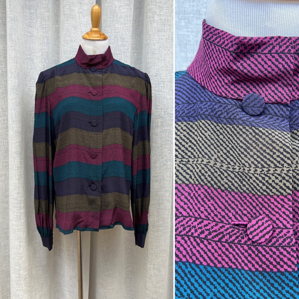 Pauline Trigere aqua blue maroon green wide stripe silk blouse baloon sleeve